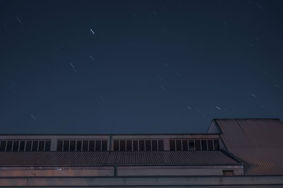 grey, building, sky, night time, starry, night, industrial, warehouse, roof, stars