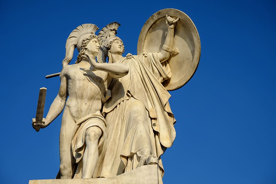 two warrior statue, monument, greek gods figures, athena, protected, held, attacks, figures, carrara marble, closed bridge