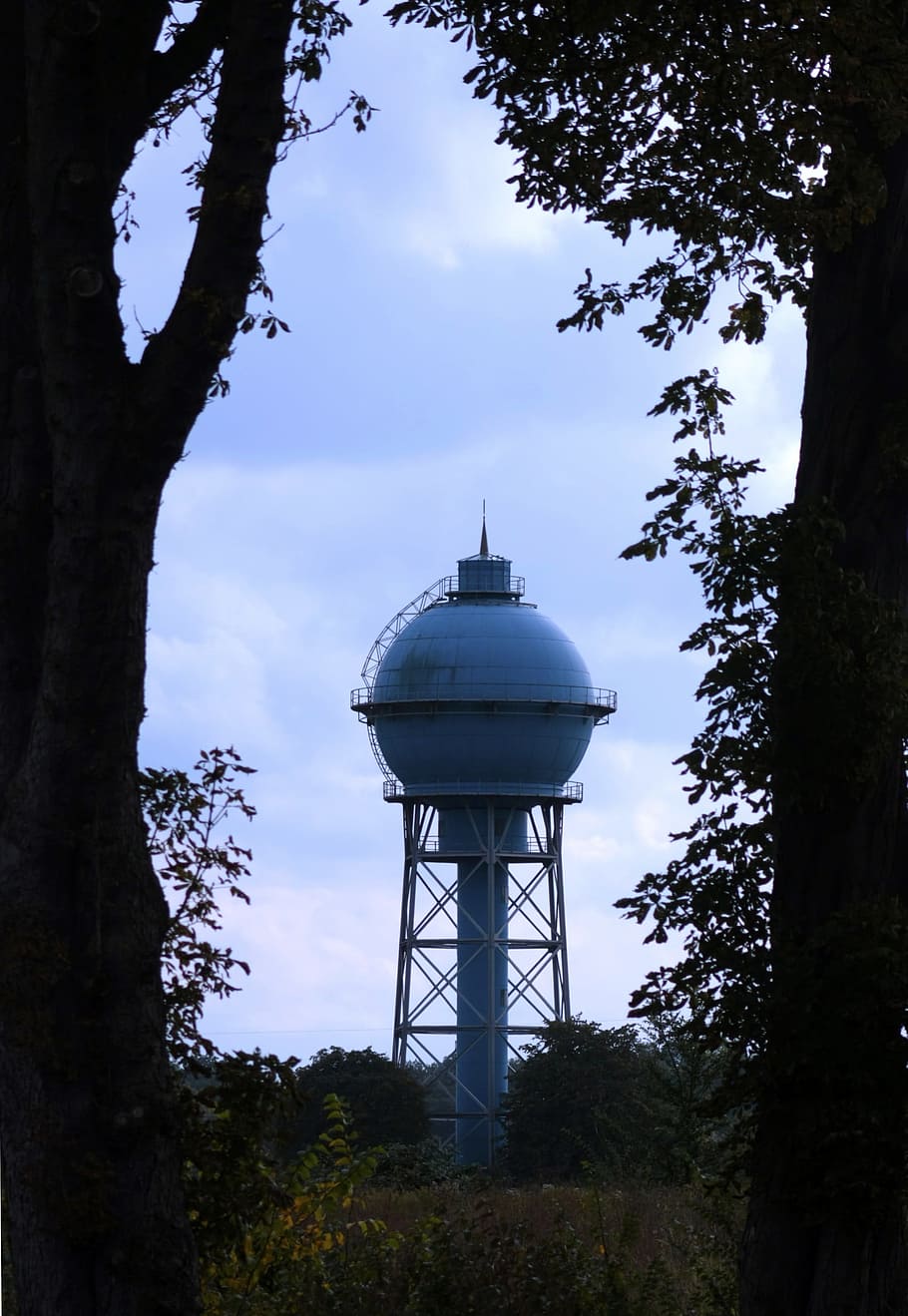 Water Tower, Water, Tower, Architecture, water, tower, old, blue, building, tree, built structure