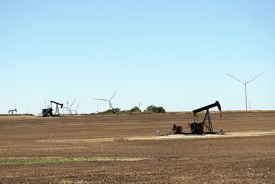 pumpjack, oklahoma, oil, oil well, energy, environment, wind turbine, wind farm, renewable, electricity