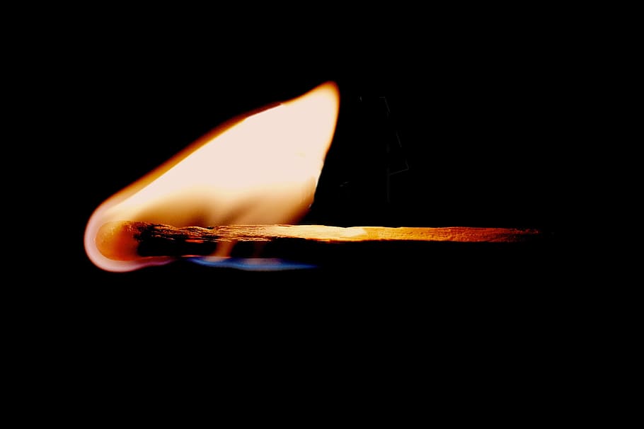 lighted, matchstick close-up photo, match, fire, flame, dark, light, nero, heat, flames