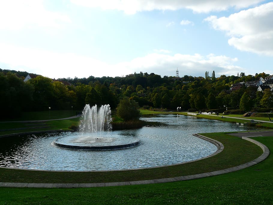 stuttgart, fountain, rose stone park, english landschaftspark, landscape park, südwestdeutschland, leech lake, water, plant, tree