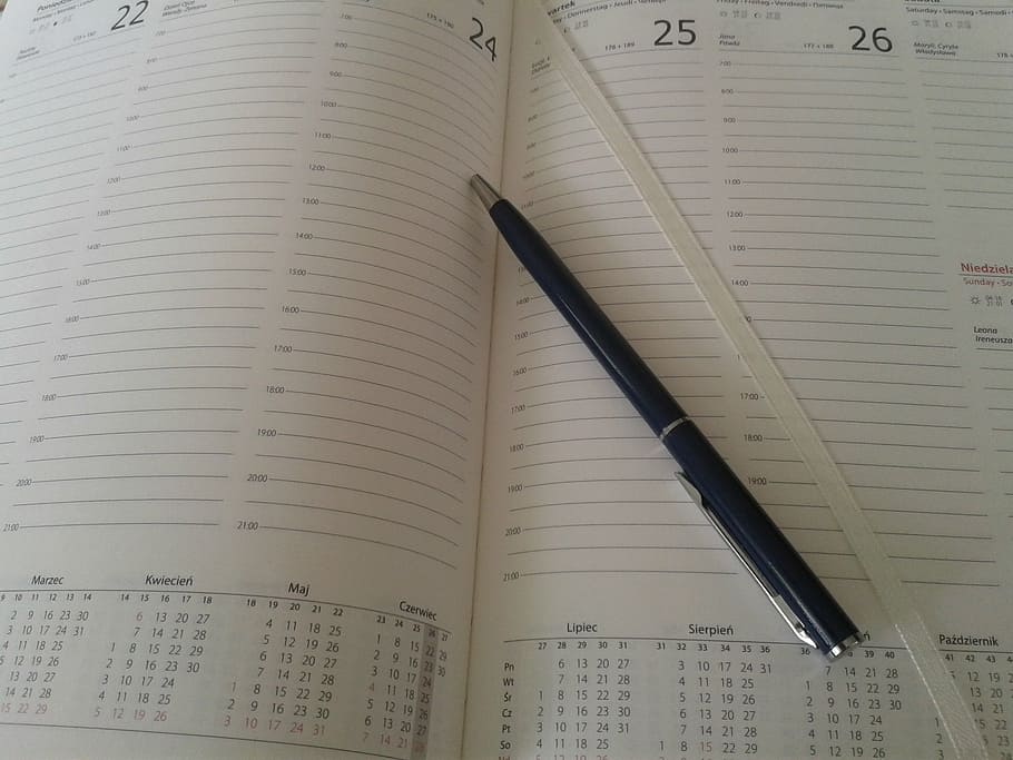 haga clic en bolígrafo, colocado, arriba, abierto, planificador de libros, calendario, presupuesto, organizador, planificación, escritura