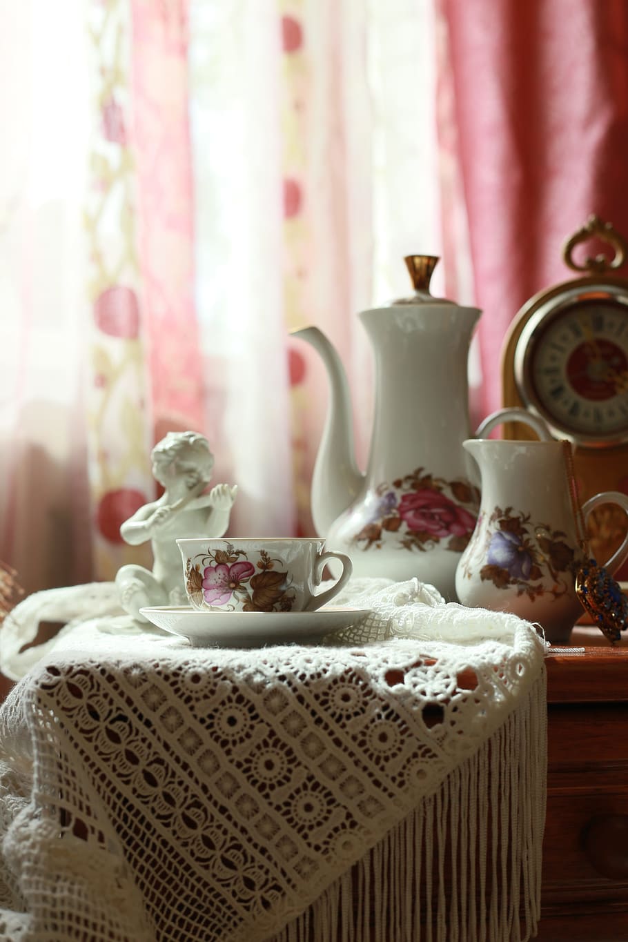 white-green-and-red, ceramic, tea, set, brown, table, white, crochet, tablecloth, service