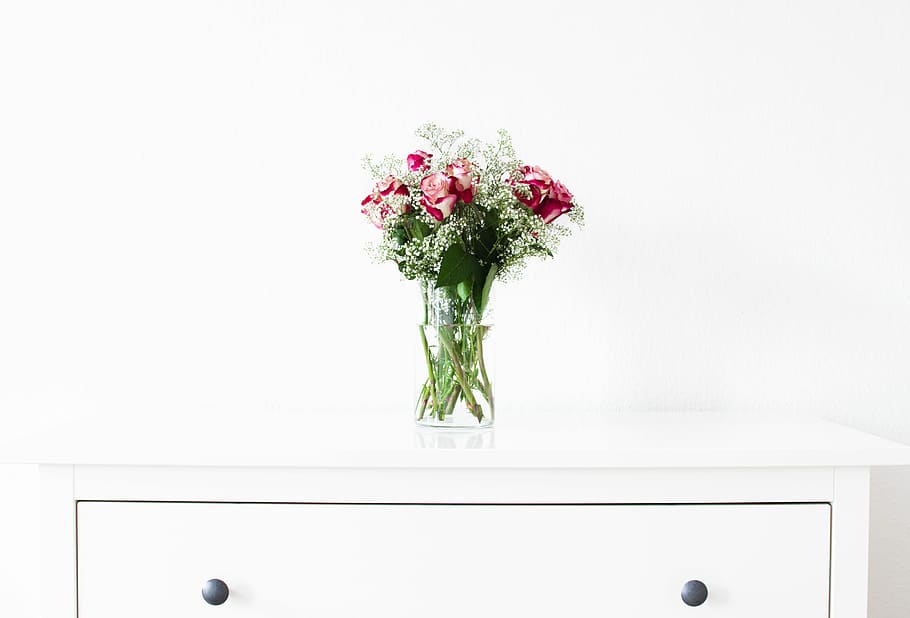 pink, white, floral, bundle, vase, wooden, dresser, flora, flowers, flower