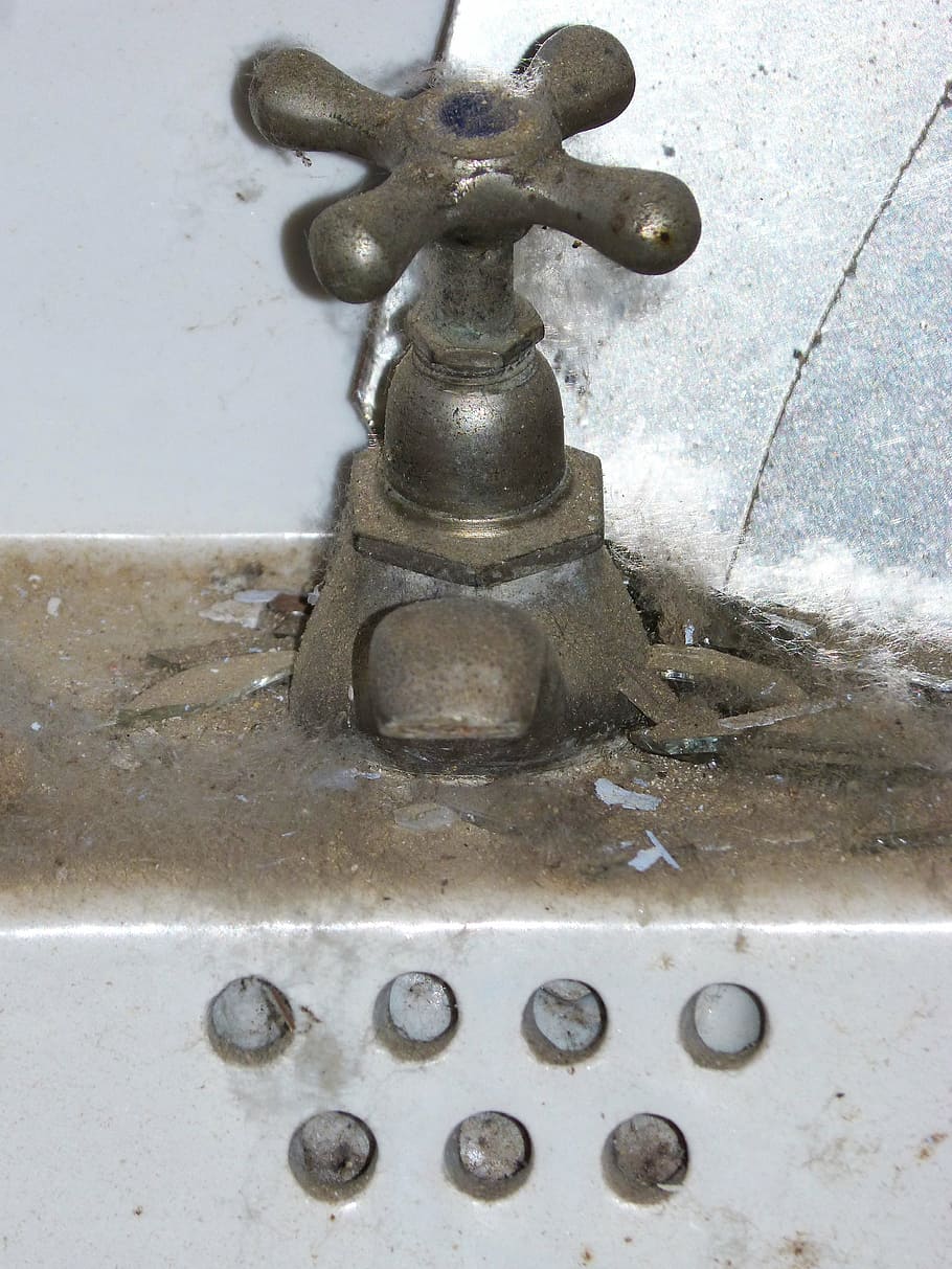 tap, sink, detail, old, abandoned, porcelain, bathroom, metal, faucet, close-up
