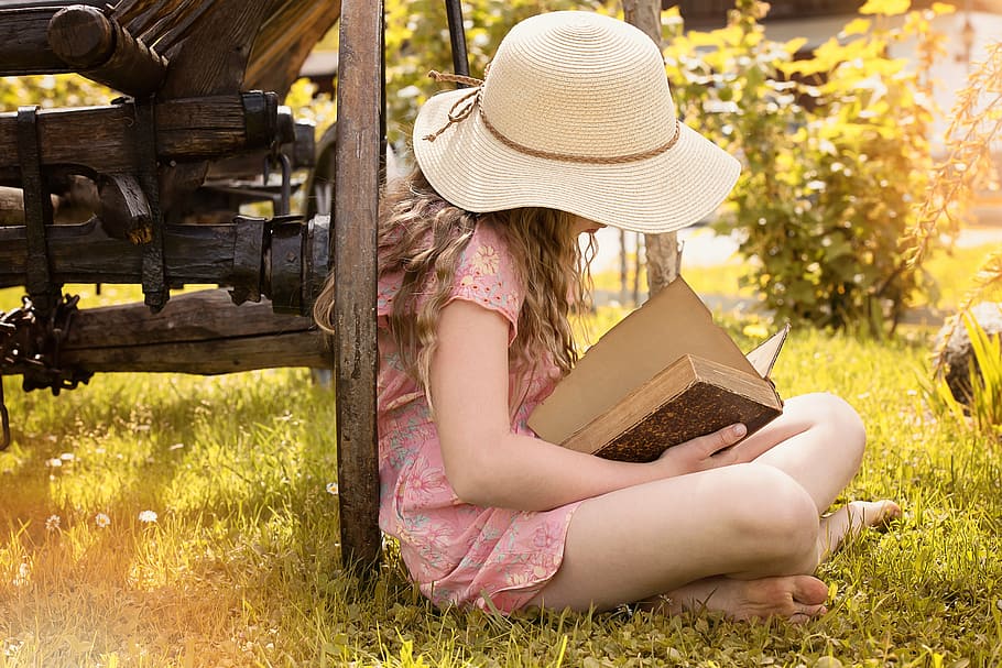 girl reading book, grass, person, human, female, girl, hat, book, read, nature