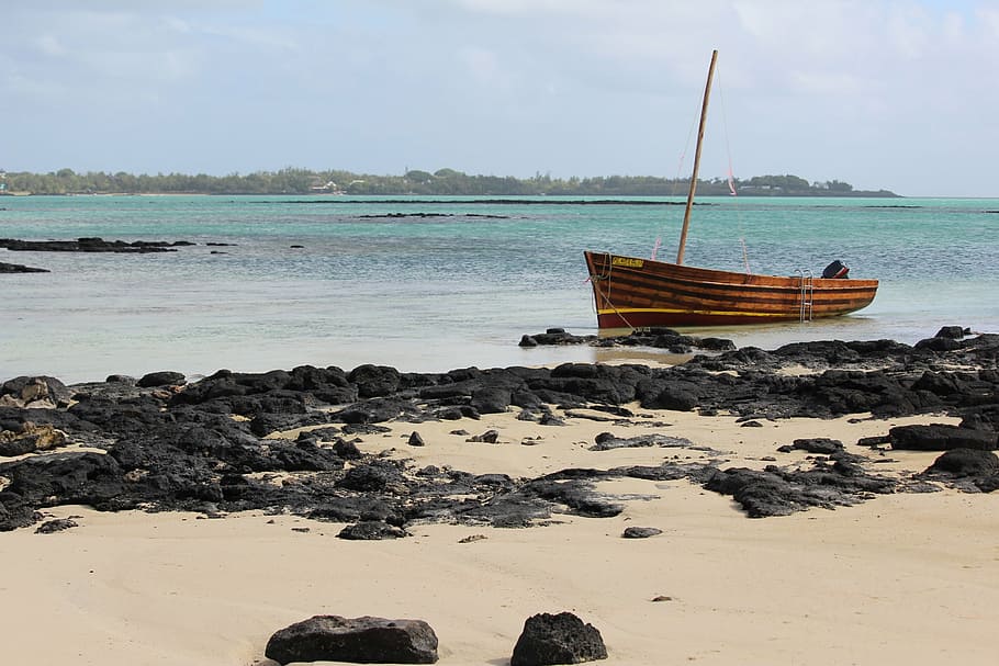 boot, beach, wooden boat, rock, mauritius, nautical vessel, water, sea, mode of transportation, transportation