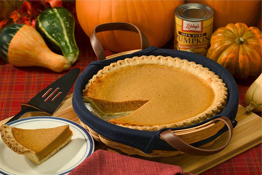sliced, pumpkin pie, brown, wicker basket, autumn, holiday, baked, delicious, seasonal, fall