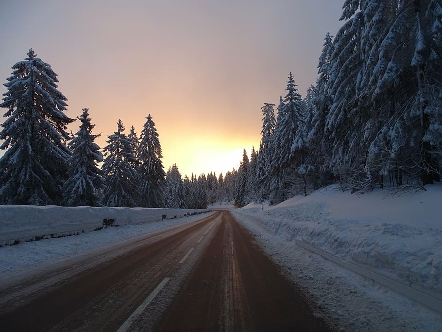 winter, road, wintry, mountains, snow, mood, sunrise, sun, cold temperature, sunset