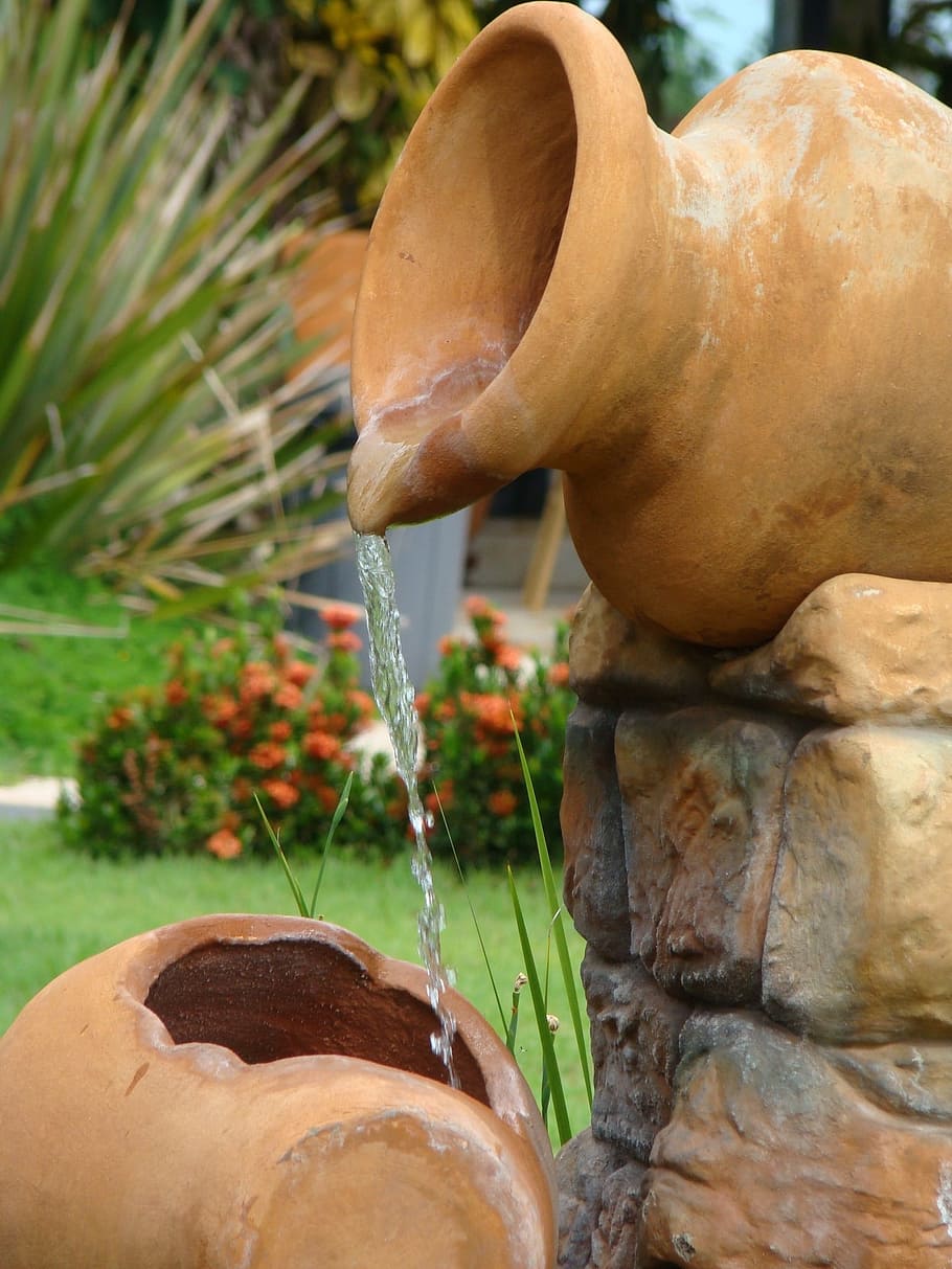 water pouring jar, source, water, landscaping, garden, art and craft, close-up, day, sculpture, nature