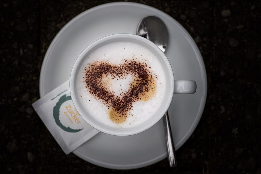 Café, copo, copo de café, colher, henkel, desenho, coração, espuma de café, milchschaum, café - bebida