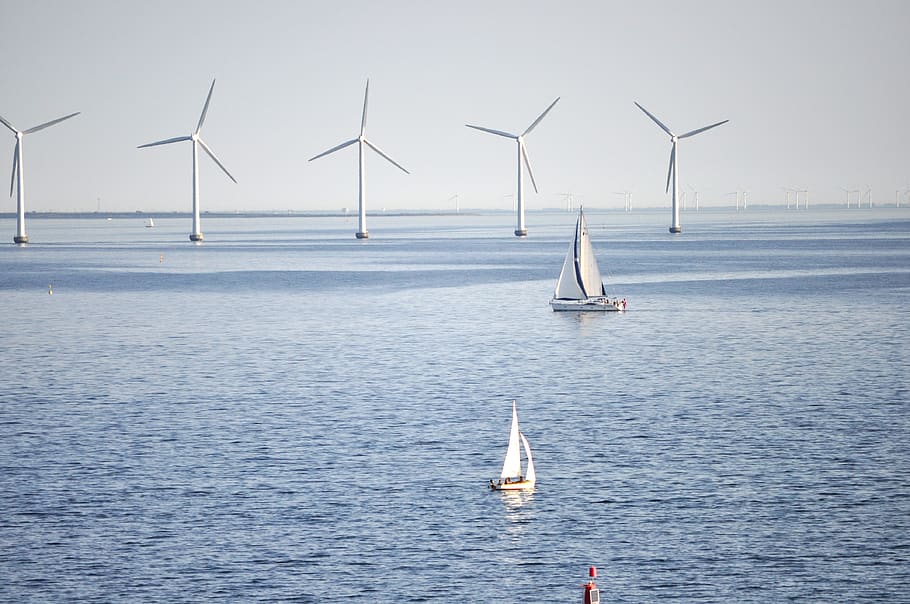 sailboat, windmill, wind, power, water, sea, sky, copenhagen, denmark, ocean