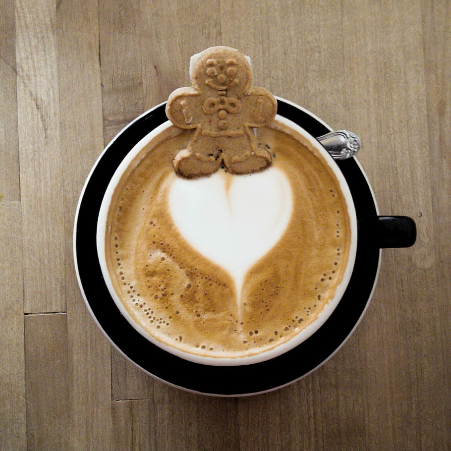gingerbread cookie, floating, latte heart, ca., Cute, latte, heart, Kreuzberg, Ca, coffee