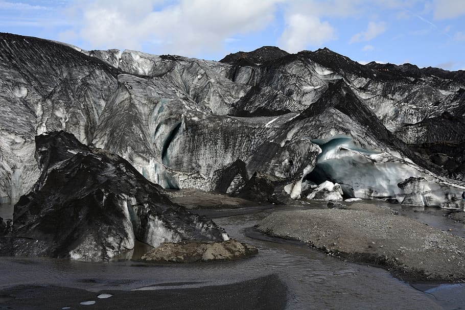 lidah gletser, sólheimajökull, Islandia, alam, pemandangan, es, beku, dataran tinggi mýrdalsjökull, hitam, putih