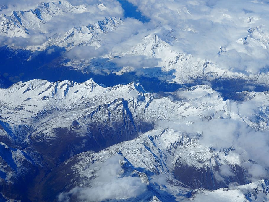 snow, capped, mountains, aerial, photography, mountain, highland, clouds, summit, ridge
