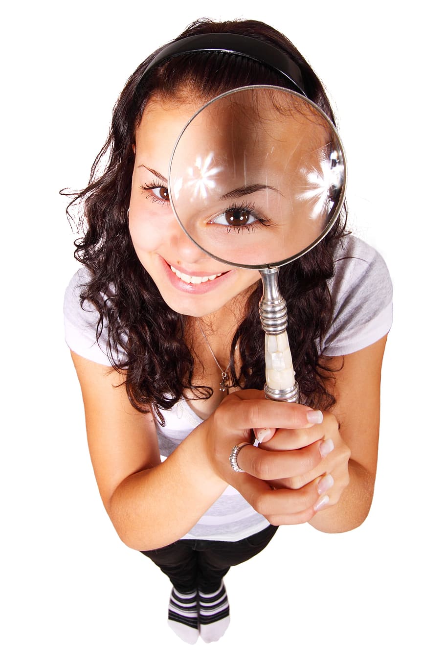woman, scoop neck shirt, holding, magnifying, glass, woman in white, white top, magnifying glass, eye, female