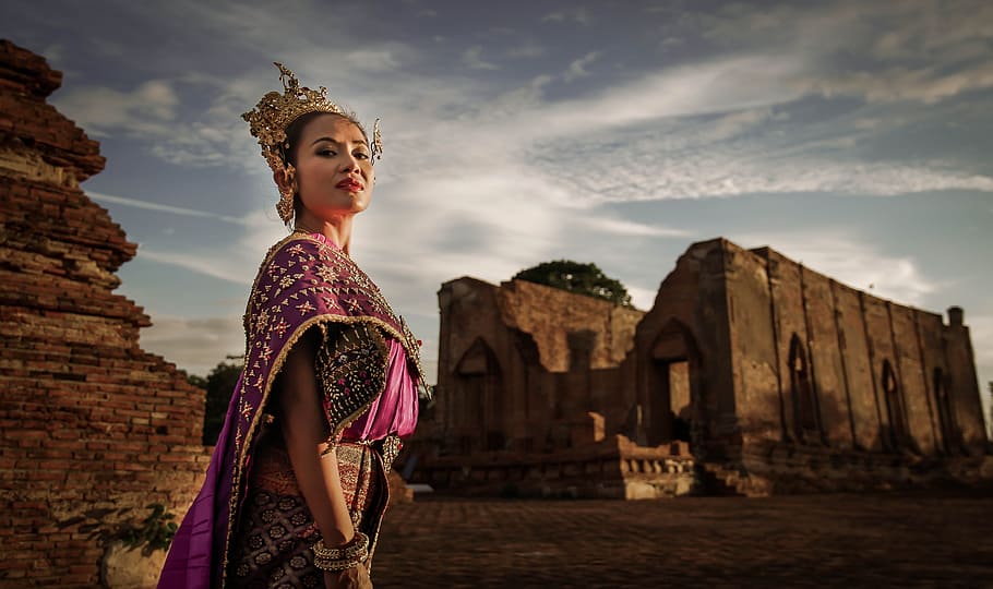 orang thai, thailand, kuno, set thailand, situs arkeologi, ungu, emas, wanita, cantik, keindahan