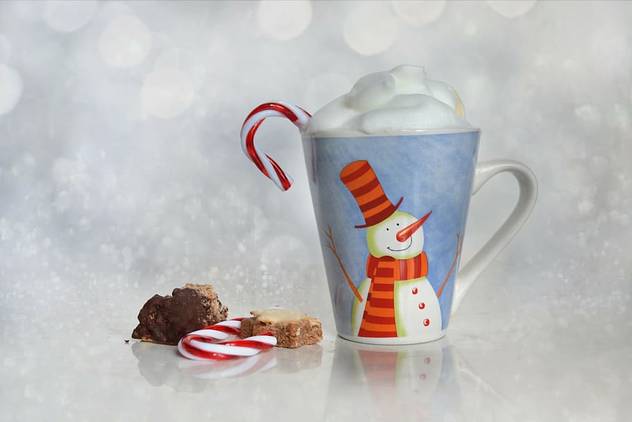 blue ceramic mug, christmas, cup, bokeh, pastries, coffee, confectionery, drink, food and drink, refreshment