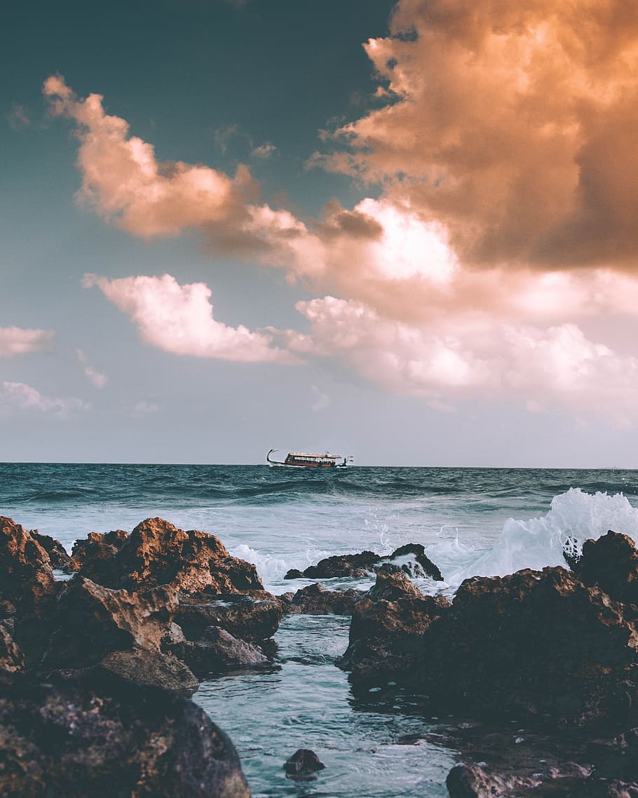 nature, water, ocean, sea, beach, waves, current, boat, clouds, sky