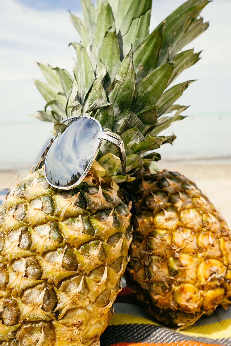 gray, sunglasses, two, pineapple fruits, pineapples, sand, beach, summertime, summer, summer vibes