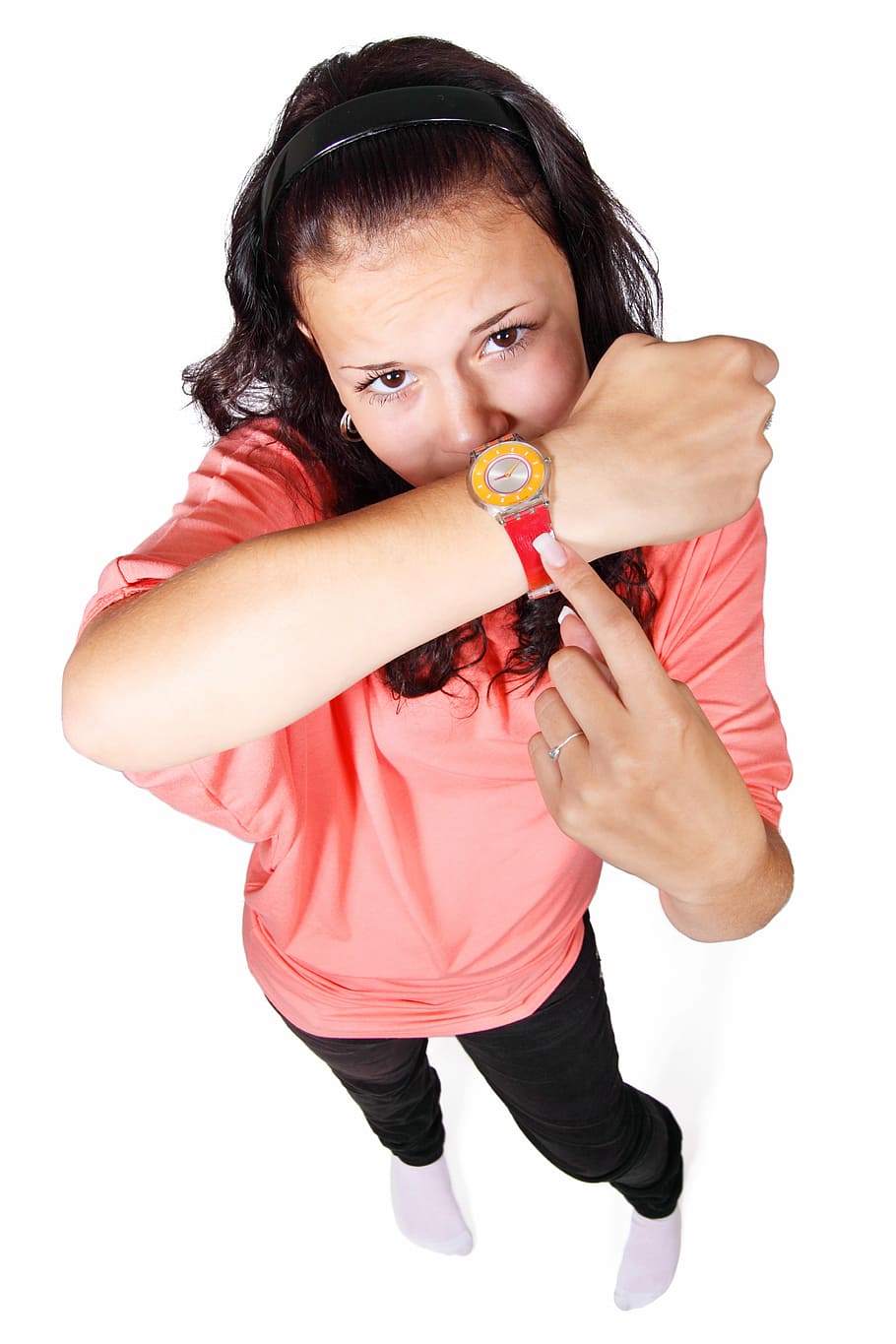 woman, wearing, pink, top, pointing, watch, appointment, clock, countdown, deadline