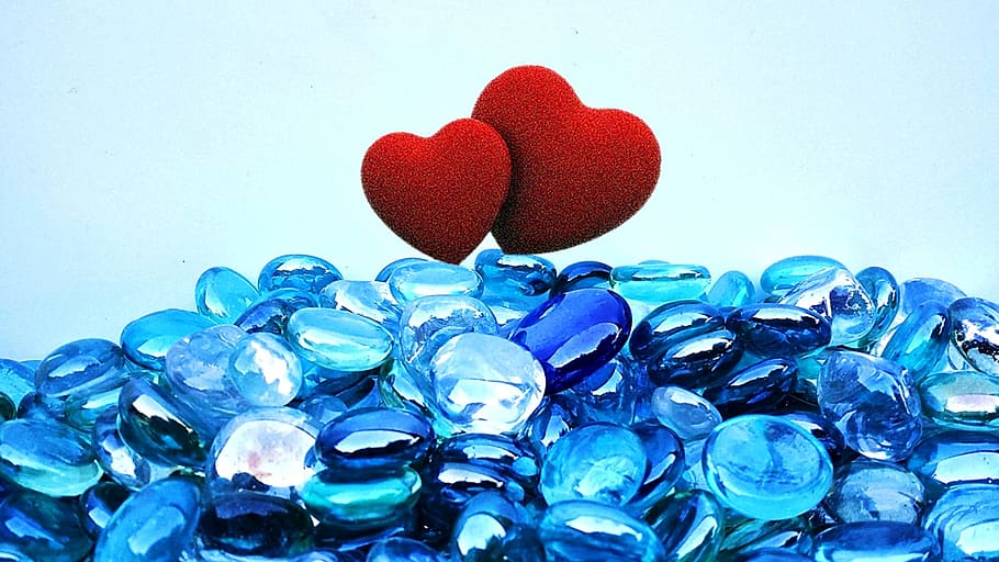blue, pebbles, two, red, hearts, top, two hearts, heart, love, symbol