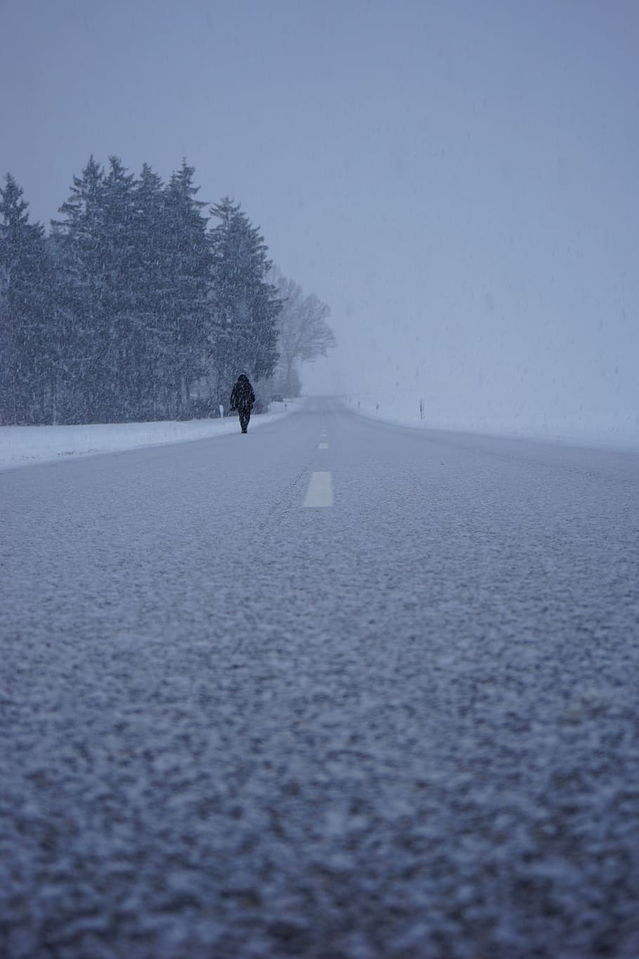 person, walking, concrete, road, winter, blizzard, way home, alone, leave, cold