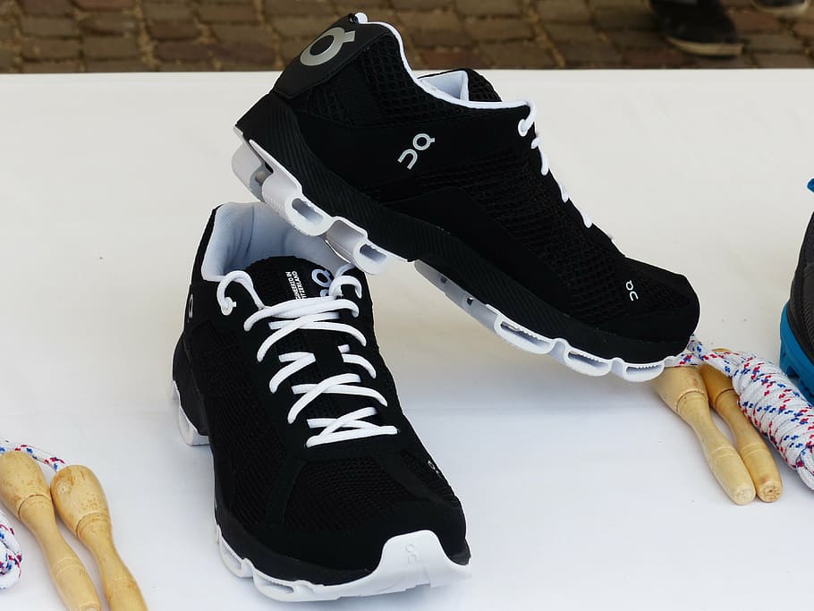 pair, black, high-top lace-up shoes, white, surface, shoes, sports shoes, sneakers, run, running training