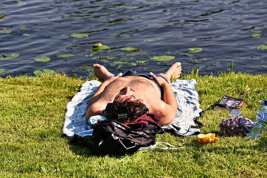 man, lying, grass, lake, person, lying down, sunbathing, resting, relaxing, water