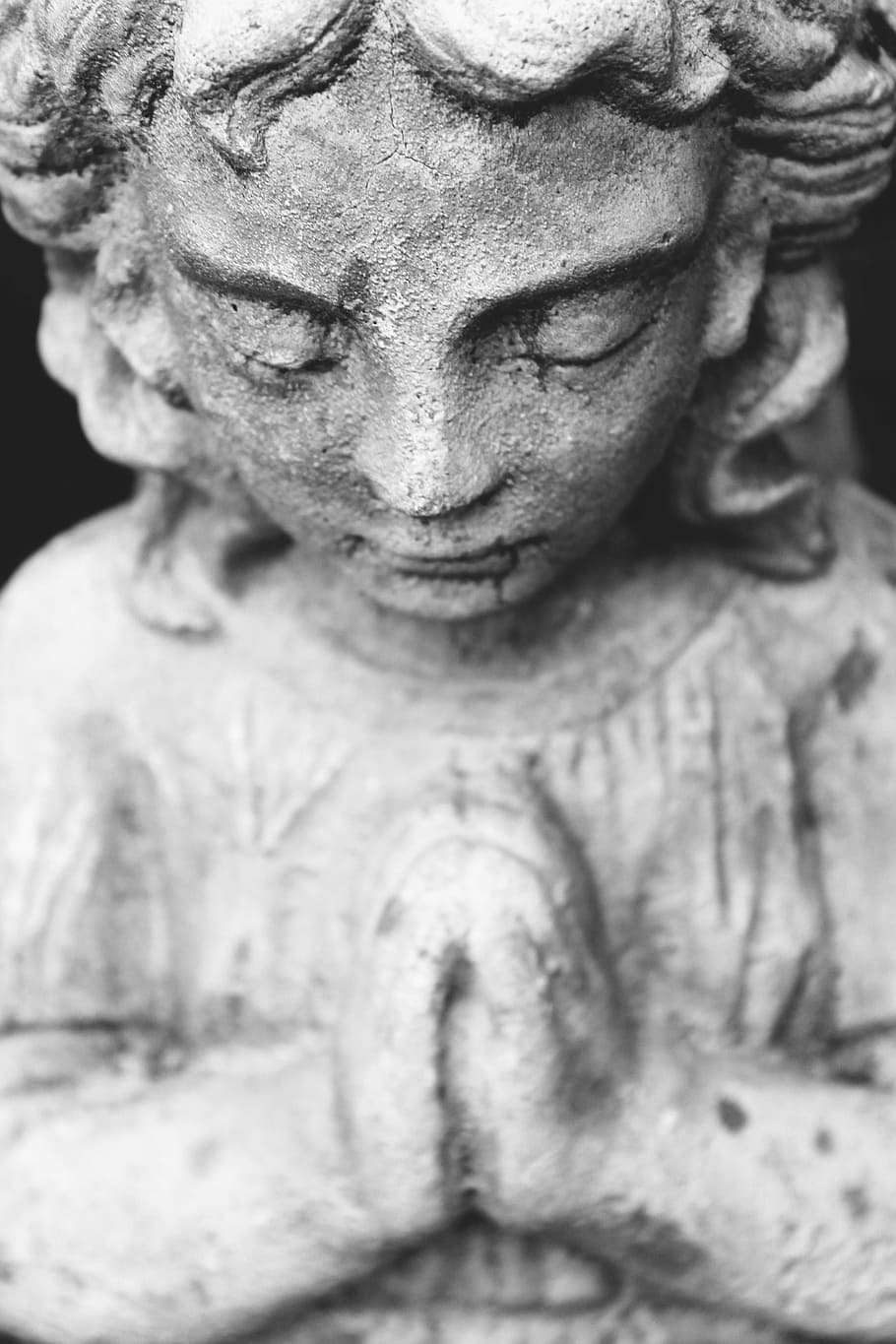 closeup, girl, praying, concrete, statue, pray, figure, woman, female, face