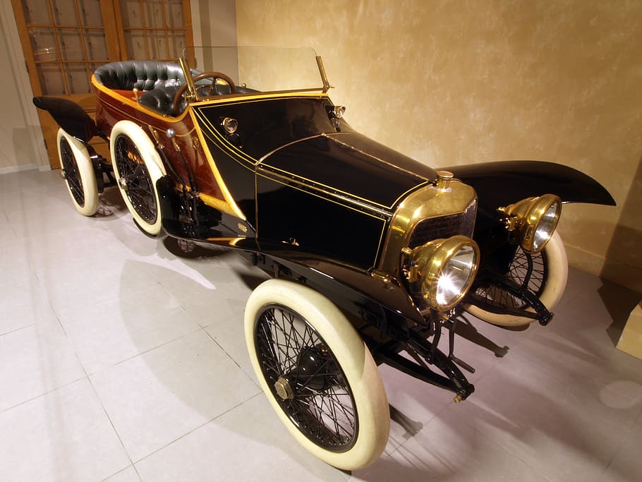 Vintage, negro, marrón, descapotable, panhard y kevassirm, 1912, automóvil, motor, combustión interna, vehículo
