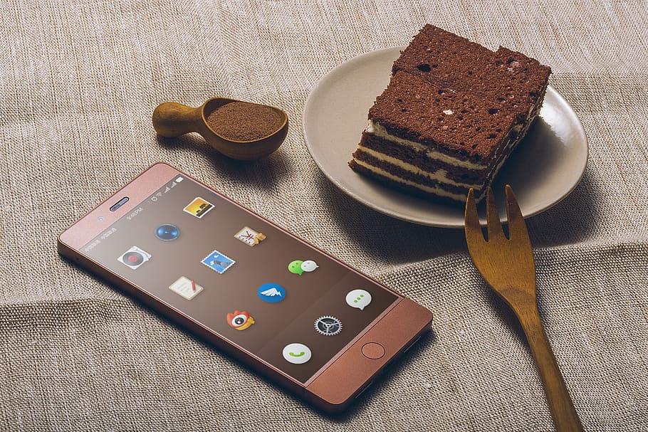 Mobile, telepon, elektronik, alat, modern, teknologi, layar sentuh, pencuci mulut, cokelat, makanan