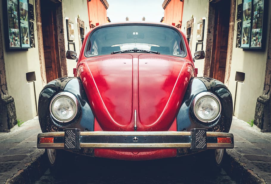 vermelho, preto, volkswagen beetle coupe, casas, carro, besouro, volkswagen, rua, veículo, à moda antiga
