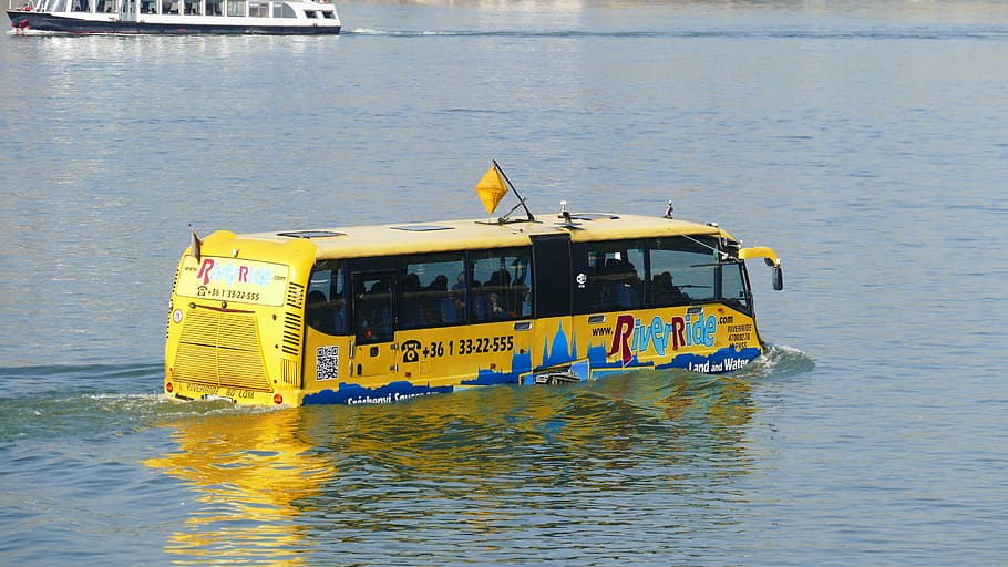 yellow, tour bus, body, Bus, Tourists, Danube, Budapest, Water, sail, river ride