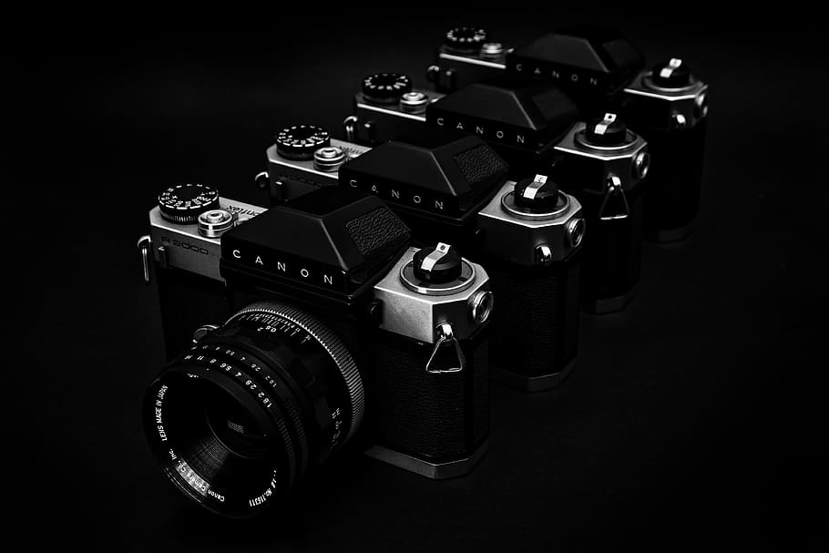 grayscale photo, four, point-and-shoot cameras, canon, lens, photography, photographer, film, vintage, old