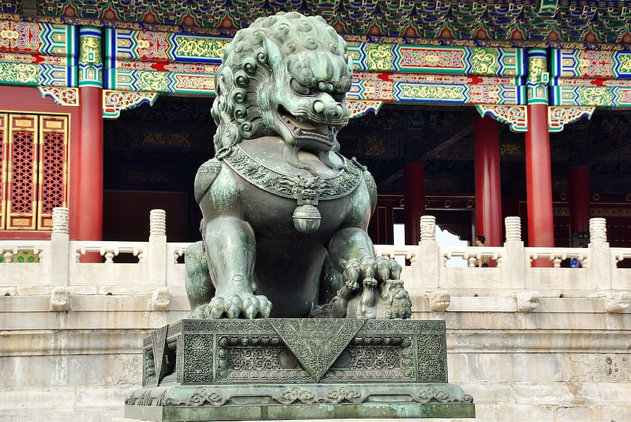 china, forbidden city, beijing, statue, lion, sculpture, representation, architecture, art and craft, built structure