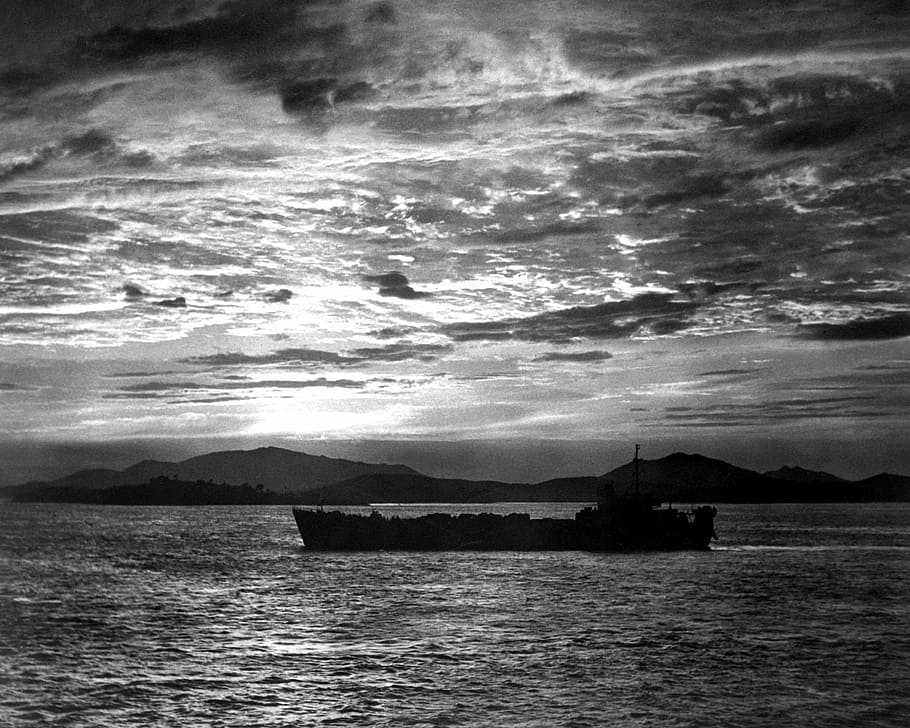 entra, porto, navio de desembarque de tanque, Inchon, Guerra da Coréia, nuvens, fotos, domínio público, mar, céu