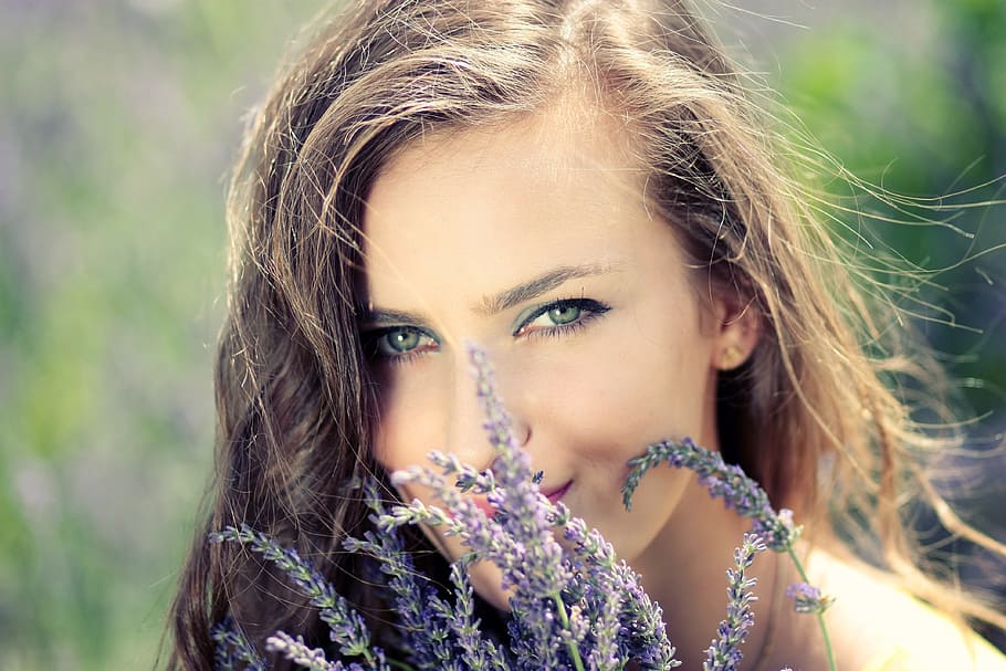 purple, lavender, infront, woman face, girl, flowers, mov, beauty, nature, portrait