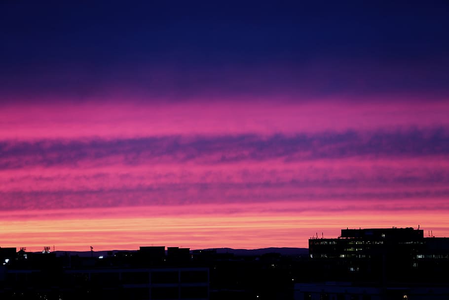 silueta de edificio, silueta, alto, subida, edificio, púrpura, nubes, rosa, puesta de sol, anochecer