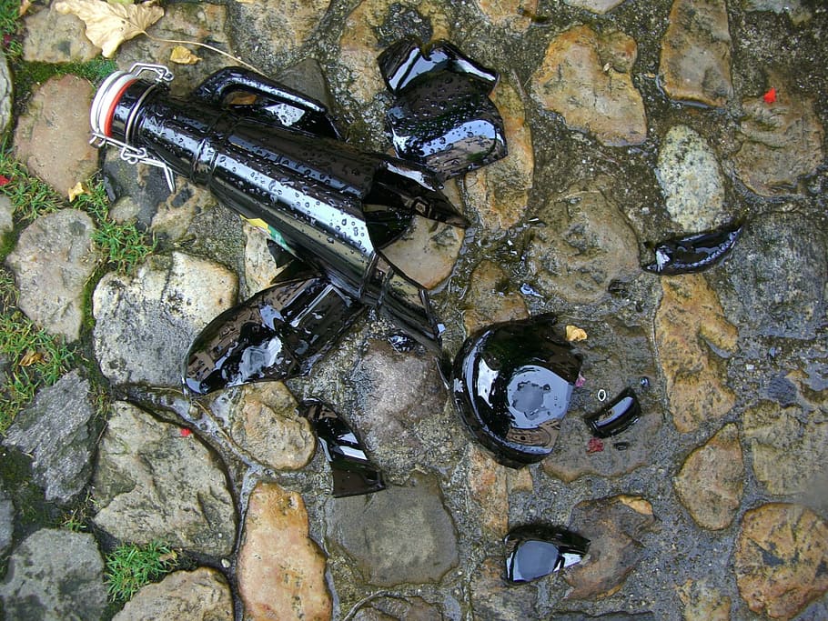 Broken Glass, Stone, Paving, Shard, stone paving, bottle, iron lock, broken, beer bottle, water
