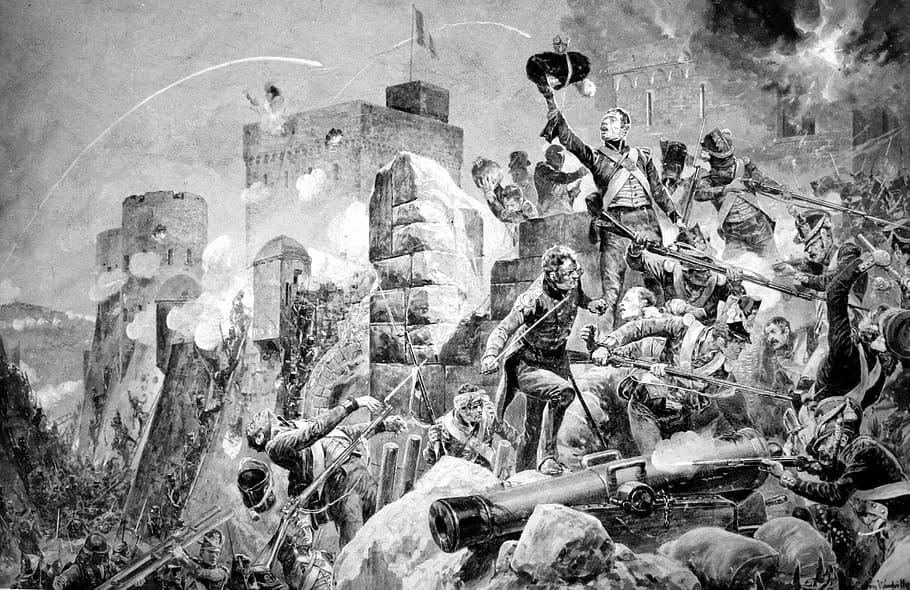 siege, badajoz, Siege of Badajoz, Spain, artwork, battle, public domain, black And White, visual Art, arts And Entertainment