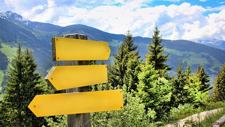 yellow, wooden, arrow signage, directory, mountains, alpine, hiking, signs, direction, trail