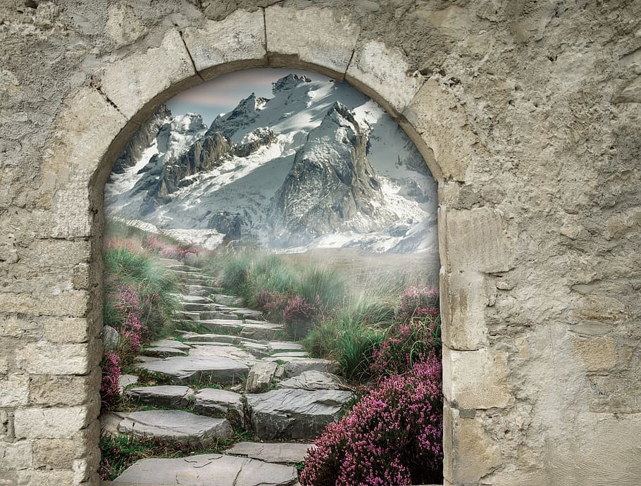 rock pathway, leading, mountain, covered, snow, fantasy, gate, arch, portal, magic