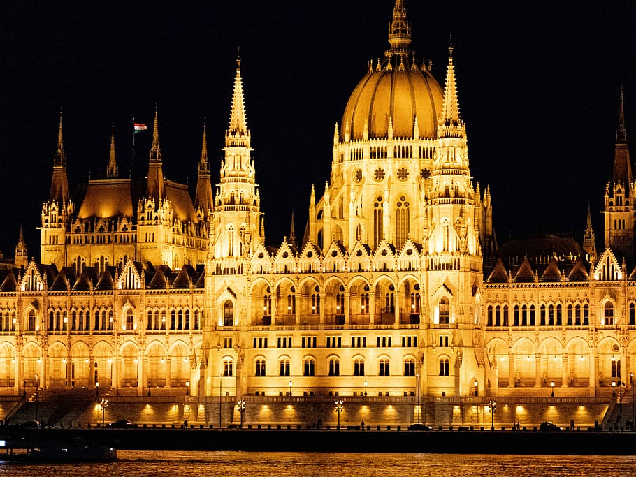 budapest, the parliament, hungary, architecture, building, danube, sky, night, reflection, water