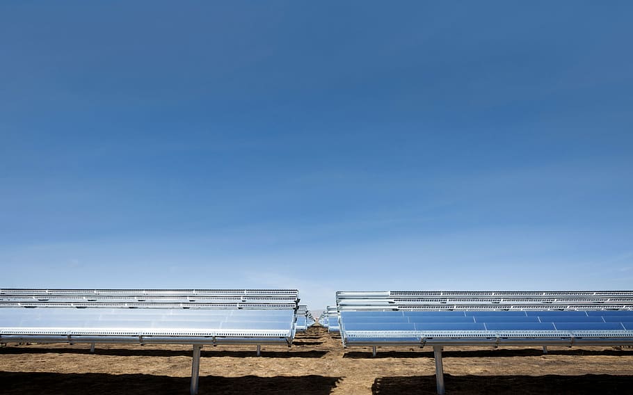 two, gray, solar, panels, sky, of technology, sun, solar panels, energy, blue