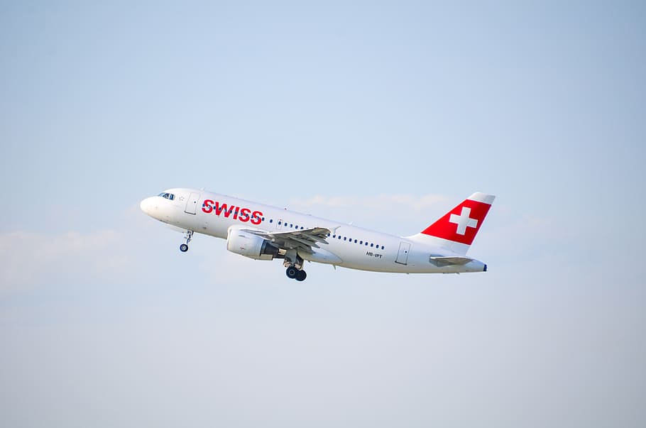 aircraft, jet, swiss, travel, flight, vacations, holidays, departure, flying, wing