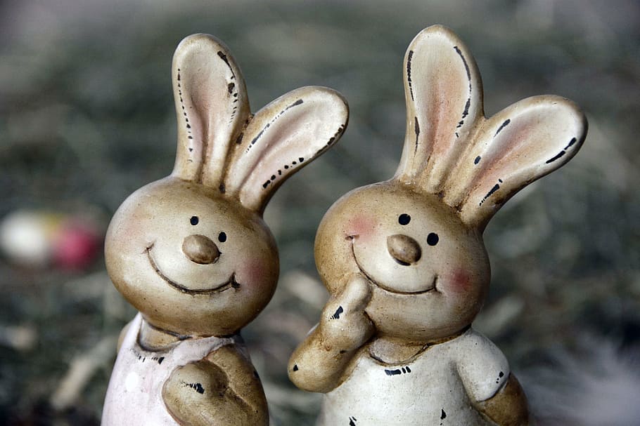two, white, rabbit figurines, easter bunny, rabbit, easter, spring, love, hay, straw