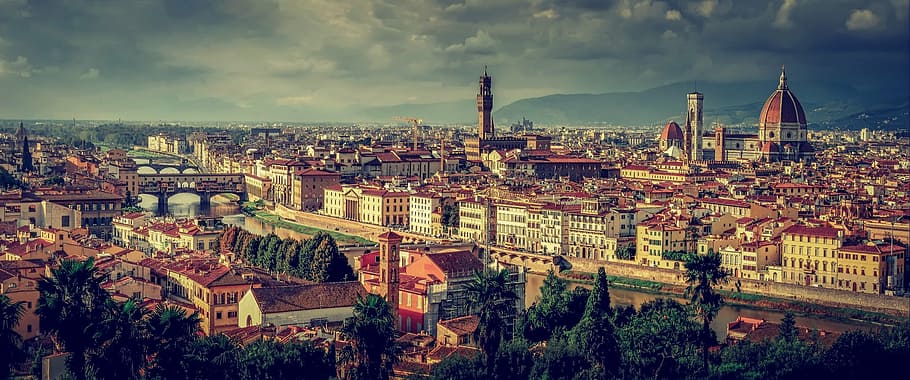 aerial, buildings, taken, white, clouds, daytime, florence, tuscany, italy, panorama