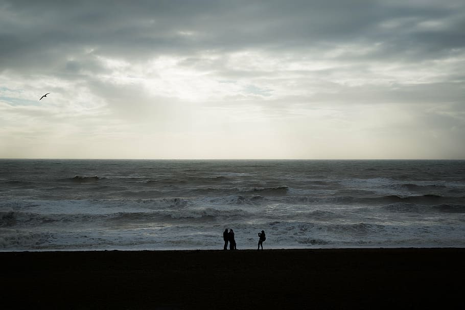 silhueta, três, pessoas, em pé, beira mar, paisagem, foto, corpo, agua, mar